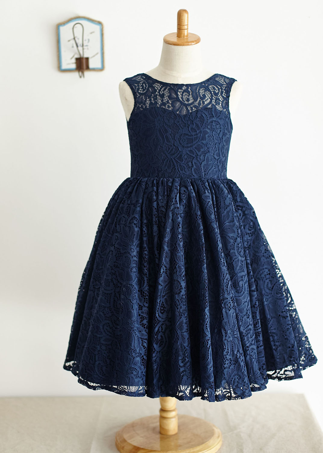 Aline Navy Blue Lace Deep V Back Knee Length Flower Girl Dress